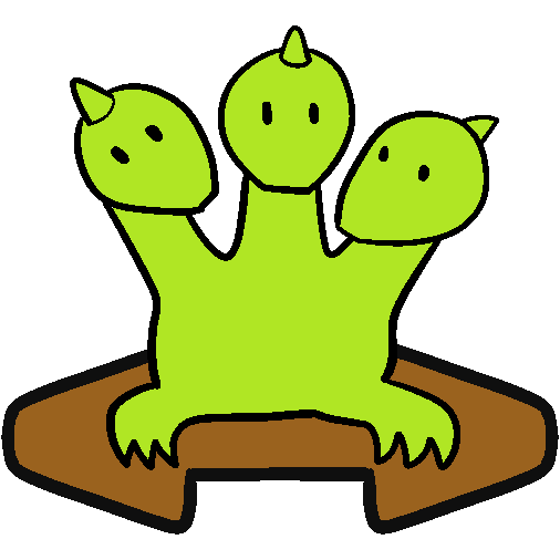 A green hydra standing above an orange double sided arrow.
